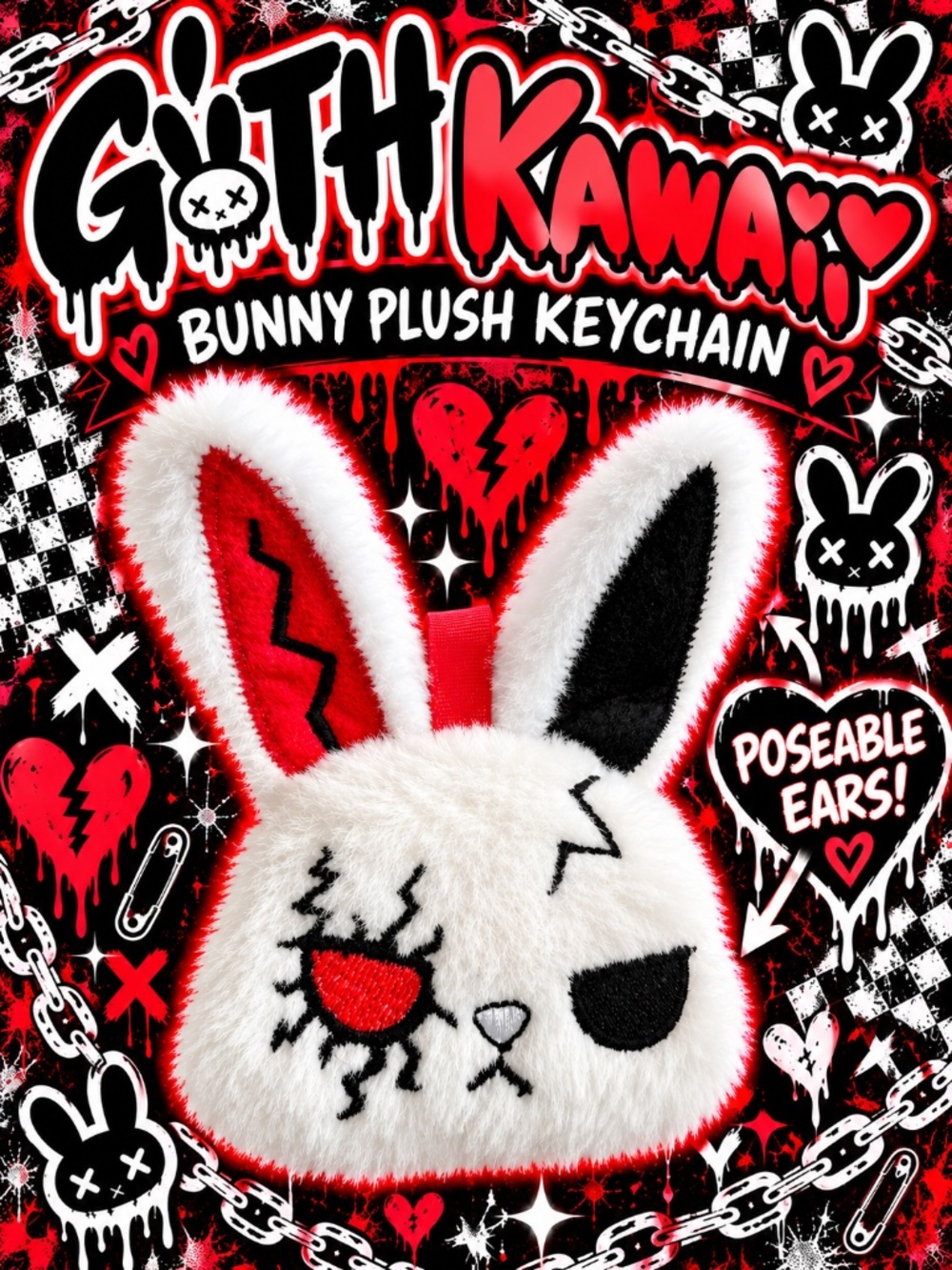 Goth Kawaii White Bunny Plush Keychain – Poseable Ears 🖤🐰